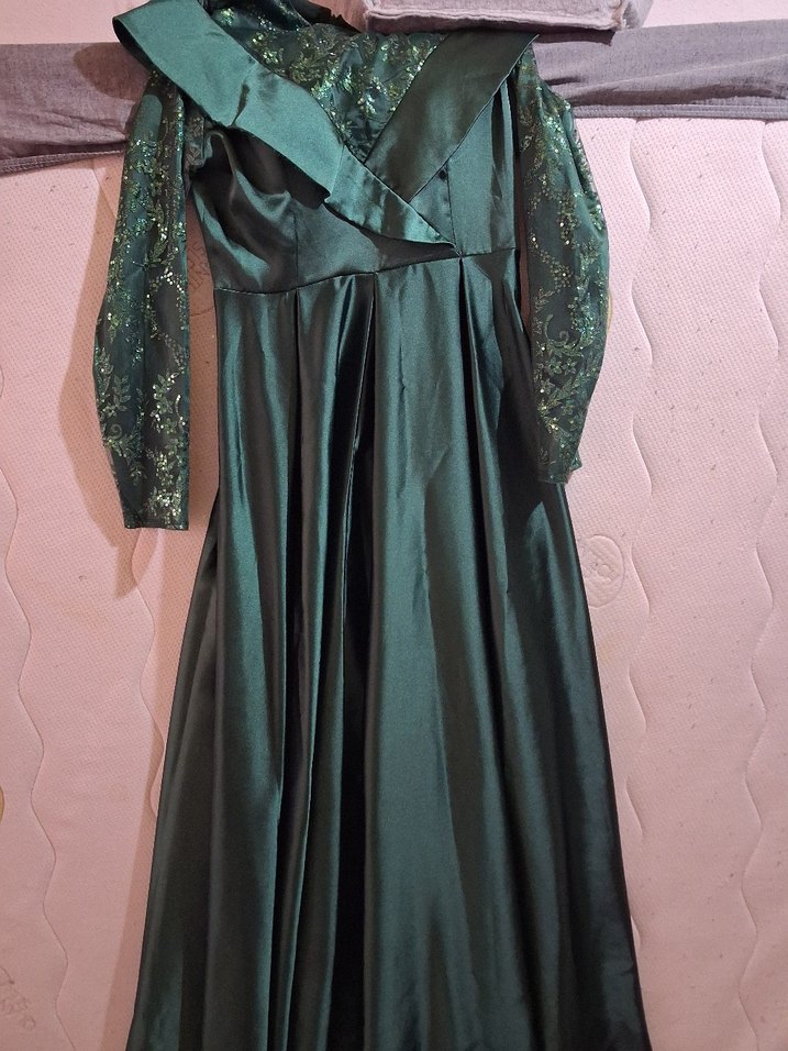 Uzun Kollu, Drapeli zümrüt Yeşil  Abiye - Görsel 5