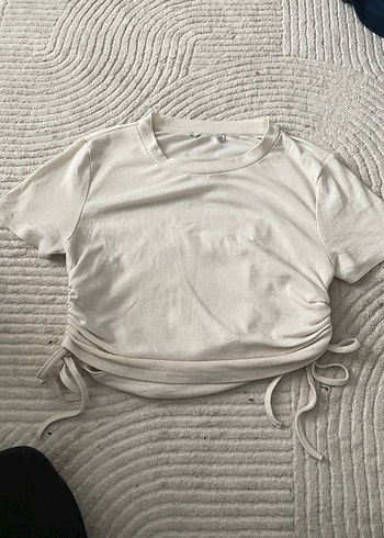 Gri Keten Kumaş Büzgülü  Tişört - Görsel 2