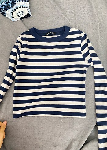 Mavi Beyaz Çizgili Kadın Pamuklu Kazak - Görsel 2