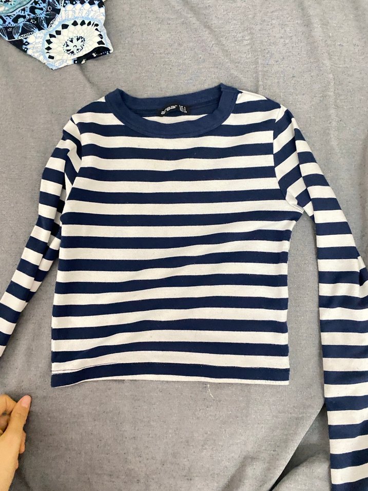 Mavi Beyaz Çizgili Kadın Pamuklu Kazak - Görsel 2