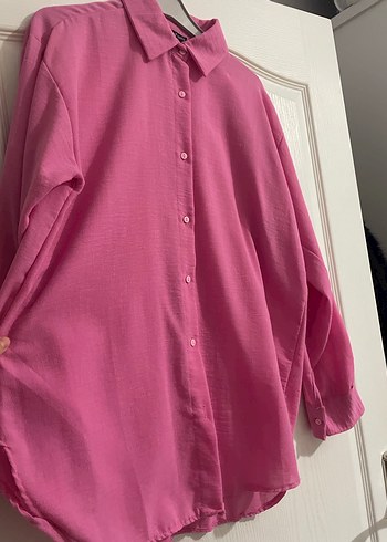 Düğmeli Pembe Keten Kadın Gömlek hiç giyilmedi - Görsel 2