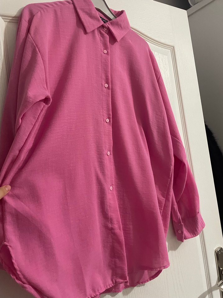 Düğmeli Pembe Keten Kadın Gömlek hiç giyilmedi - Görsel 2