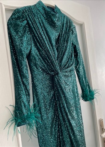 Uzun Kol Drapeli Turkuaz Abiye Elbise - Görsel 3