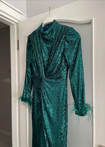 Uzun Kol Drapeli Turkuaz Abiye Elbise - Görsel 2