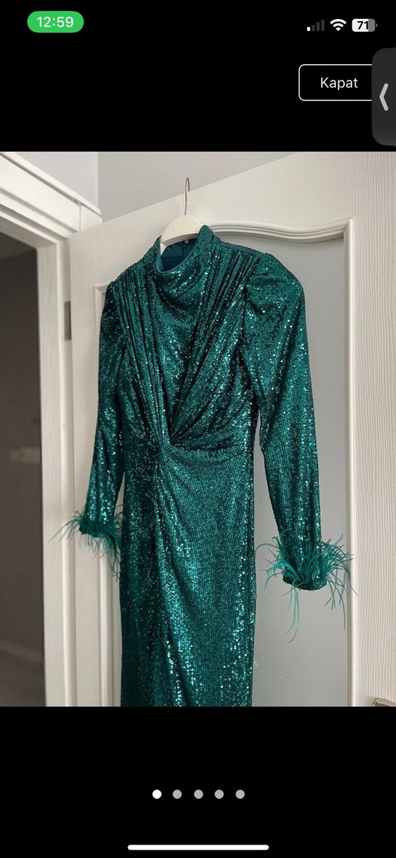 Uzun Kol Drapeli Turkuaz Abiye Elbise - Görsel 2