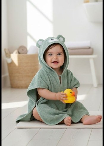 Organik Pamuklu Erkek Çocuk Yeşil Nakışlı Bornoz - Görsel 2