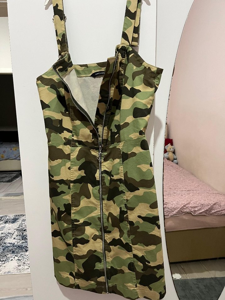 Kamuflaj Desenli Fermuarlı Mini Elbise - Görsel 3
