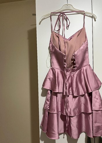 Pembe Parlak Mini Fırfırlı Abiye Elbise - Görsel 2