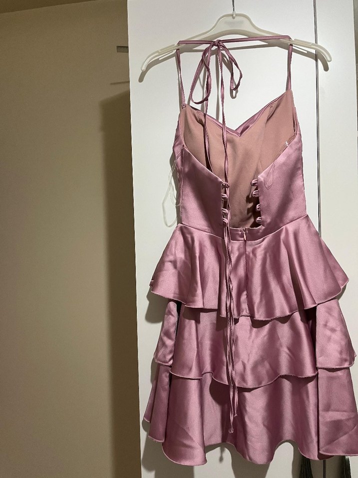 Pembe Parlak Mini Fırfırlı Abiye Elbise - Görsel 2