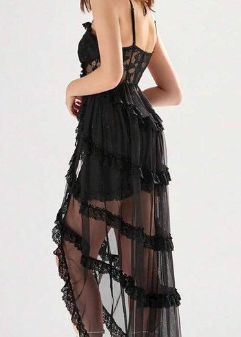 Shein Dantel Detaylı Siyah Uzun Abiye Elbise - Görsel 2