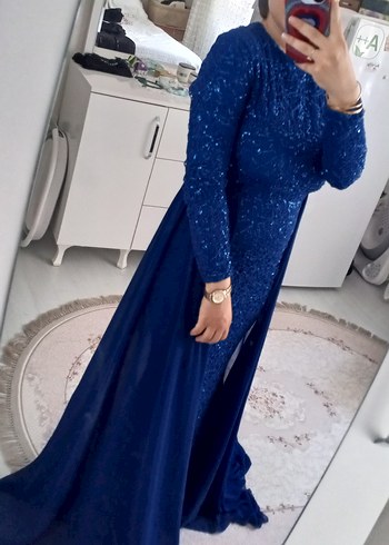 Abiye Uzun Kollu Drapeli Lacivert Abiye Elbise