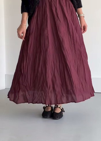 Bordo Pilili Uzun Keten Etek