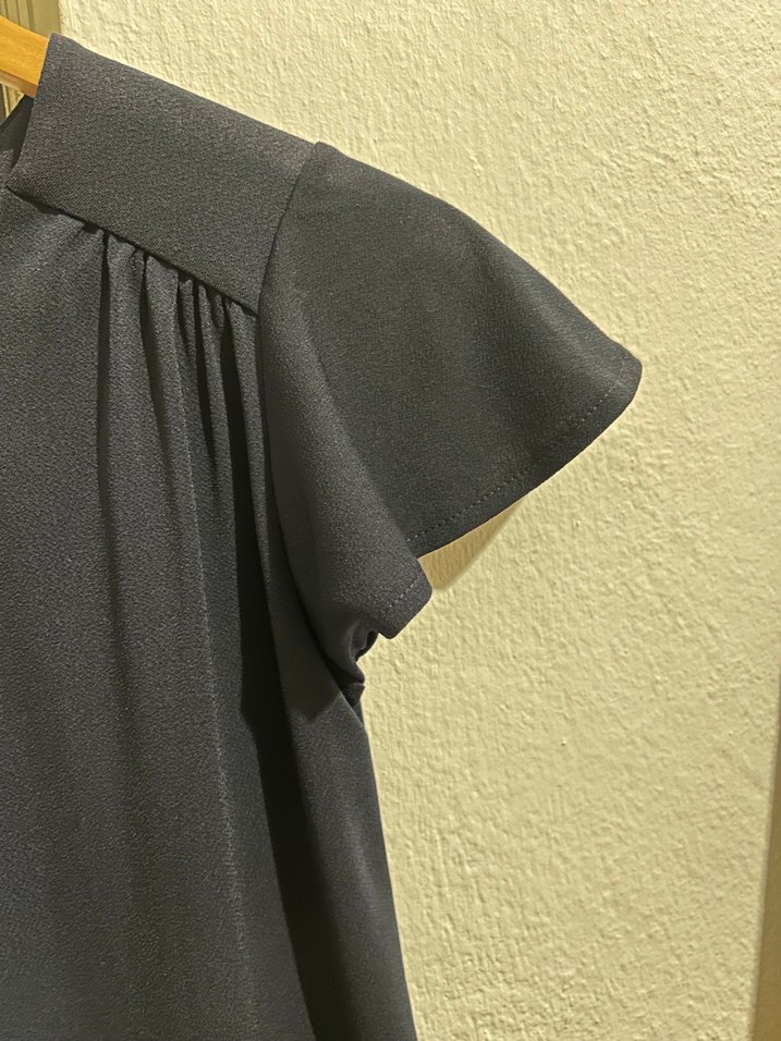 Lacivert, Pilili, Kısa Kollu V Yaka Bluz - Görsel 4