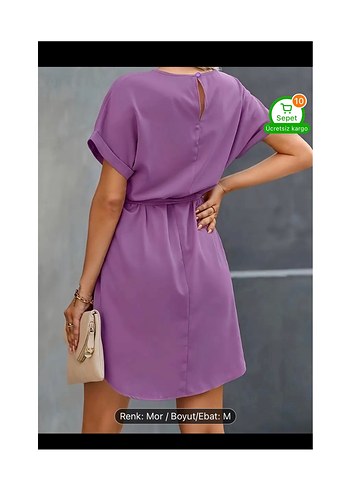 Mor Kemerli Kısa Kollu Mini Elbise - Görsel 2