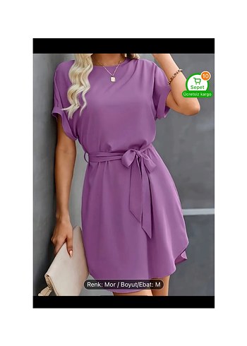 Mor Kemerli Kısa Kollu Mini Elbise - Görsel 3