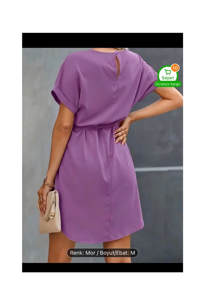 Mor Kemerli Kısa Kollu Mini Elbise - Görsel 2