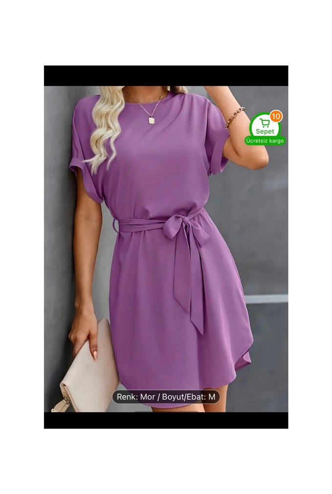 Mor Kemerli Kısa Kollu Mini Elbise - Görsel 3