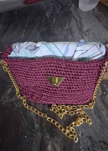 Bordo Örgü Kadın Çanta Zincir Detaylı yeni örüldü astarlı - Görsel 3