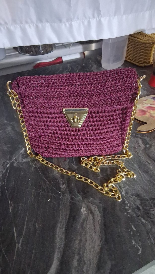 Bordo Örgü Kadın Çanta Zincir Detaylı yeni örüldü astarlı - Görsel 2