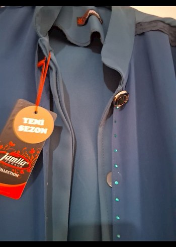 Düğmeli Lacivert Uzun Kadın pardüse tesettür giyim - Görsel 4