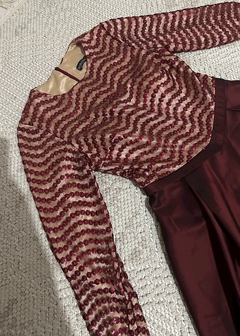 Bordo Uzun Kollu  Abiye Elbise - Görsel 2