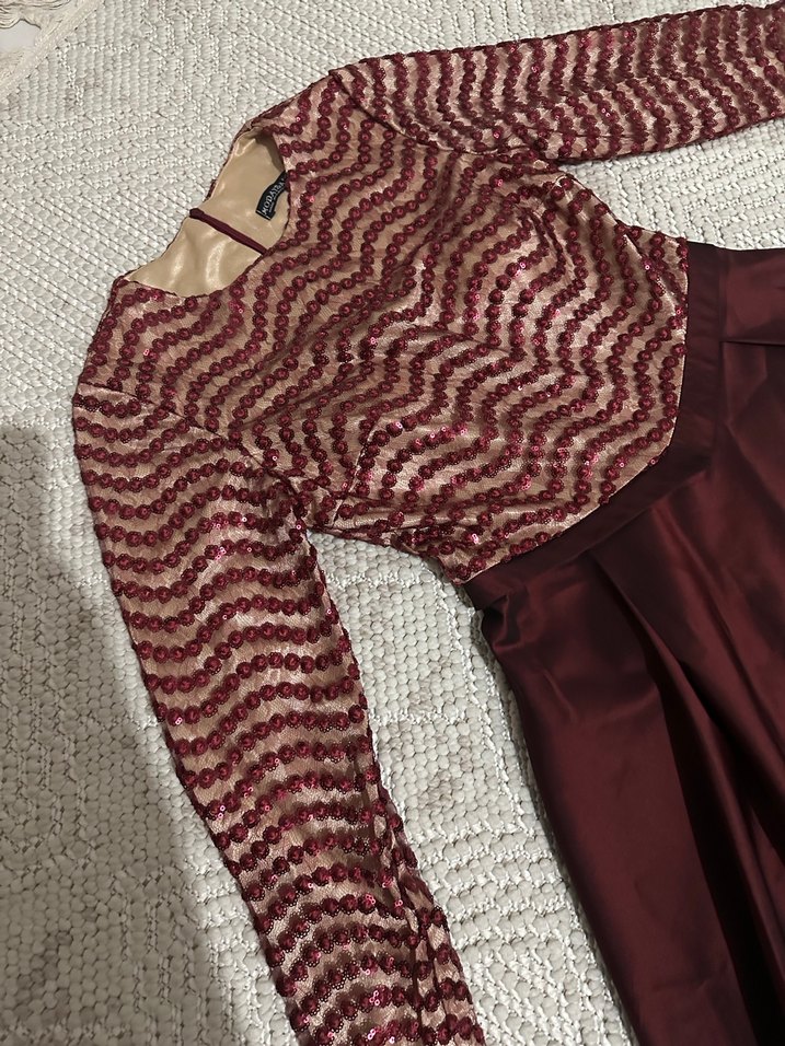 Bordo Uzun Kollu  Abiye Elbise - Görsel 2