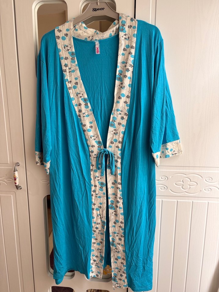 Yumuşacık kumaş Uzun Turkuaz Bohem Kadın Sabahlık - Görsel 5