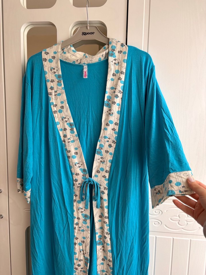 Yumuşacık kumaş Uzun Turkuaz Bohem Kadın Sabahlık - Görsel 3