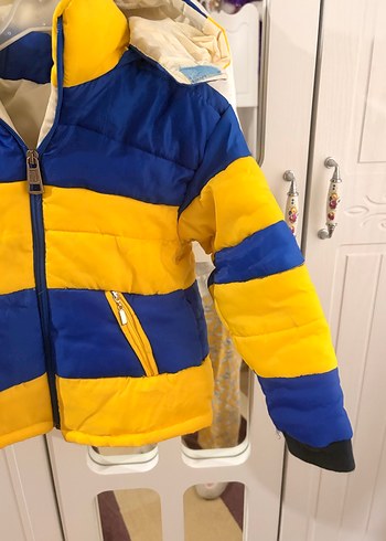 Kapüşonlu Sarı-Mavi Erkek Çocuk Mont - Görsel 3
