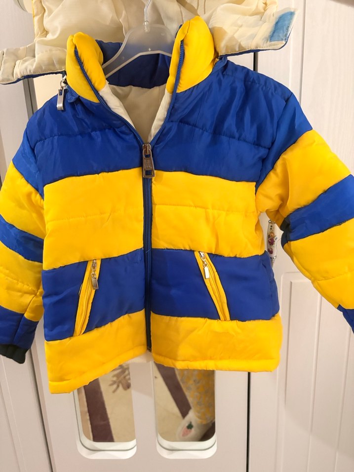 Kapüşonlu Sarı-Mavi Erkek Çocuk Mont - Görsel 2