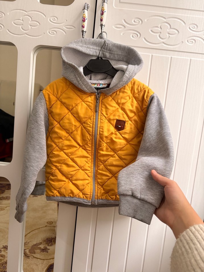 Kapüşonlu Sarı Gri Erkek Çocuk Mont - Görsel 4