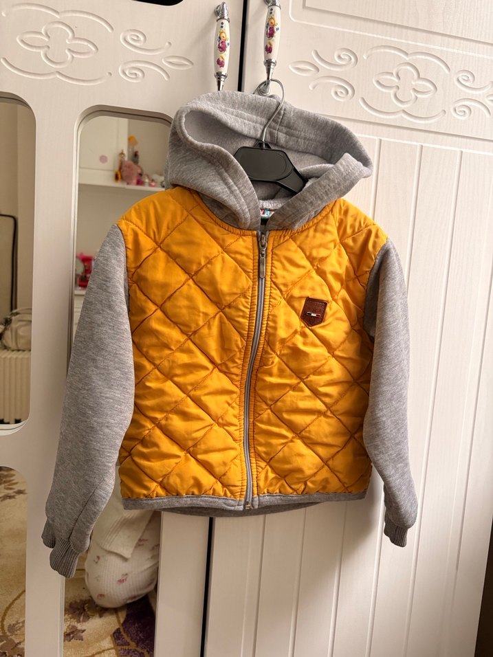 Kapüşonlu Sarı Gri Erkek Çocuk Mont - Görsel 2