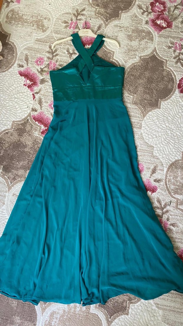 İşlemeli Uzun Turkuaz Drapeli Kadın Abiye - Görsel 3