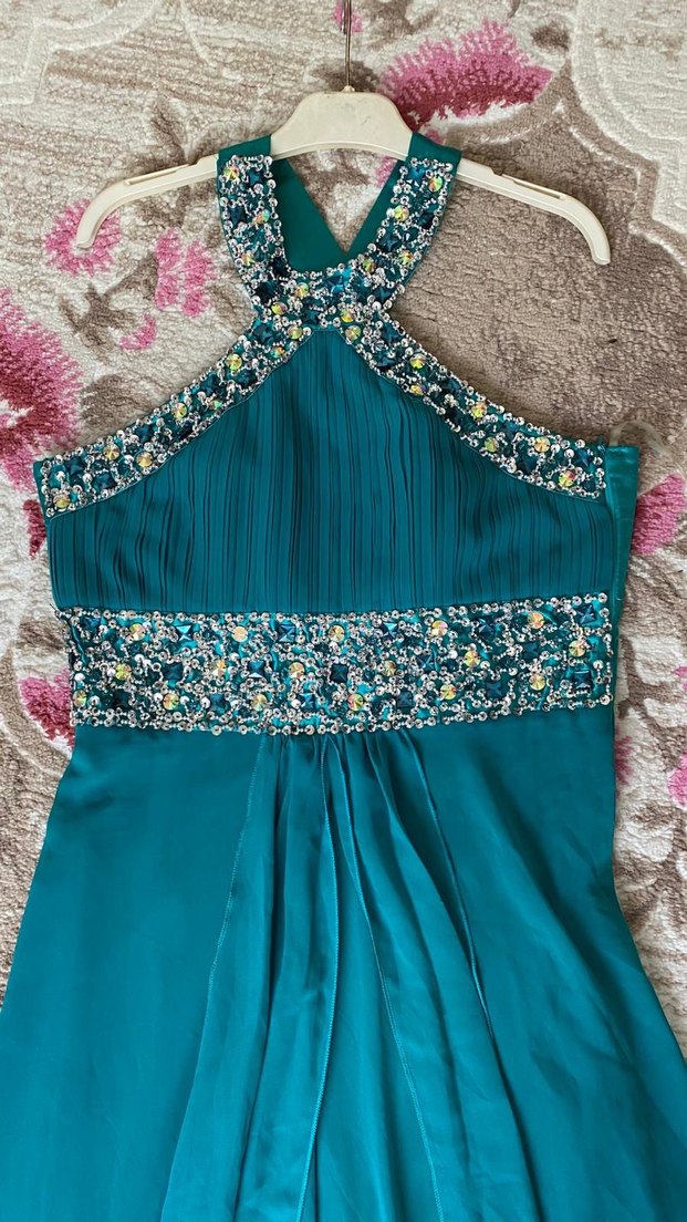 İşlemeli Uzun Turkuaz Drapeli Kadın Abiye - Görsel 4