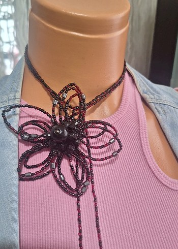 Bordo -Siyah Boncuklu Uzun  Kolye(Beaded Flower Chocker) - Görsel 5