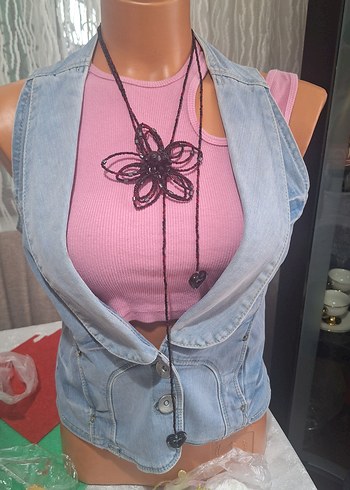 Bordo -Siyah Boncuklu Uzun  Kolye(Beaded Flower Chocker) - Görsel 2