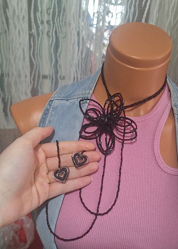 Bordo -Siyah Boncuklu Uzun  Kolye(Beaded Flower Chocker) - Görsel 4