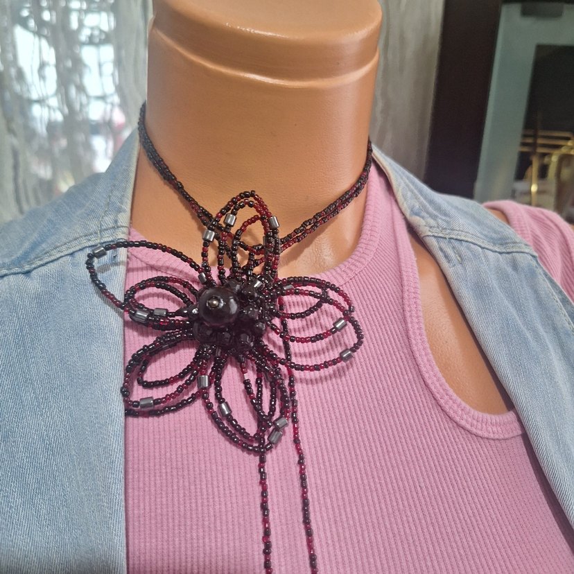Bordo -Siyah Boncuklu Uzun  Kolye(Beaded Flower Chocker) - Görsel 5