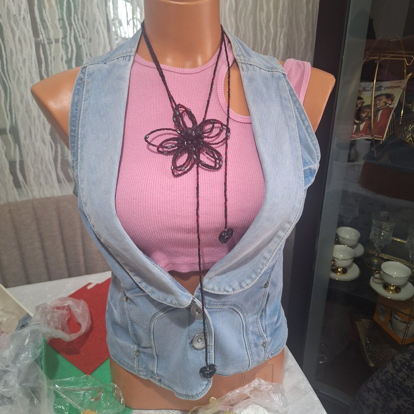 Bordo -Siyah Boncuklu Uzun  Kolye(Beaded Flower Chocker) - Görsel 2