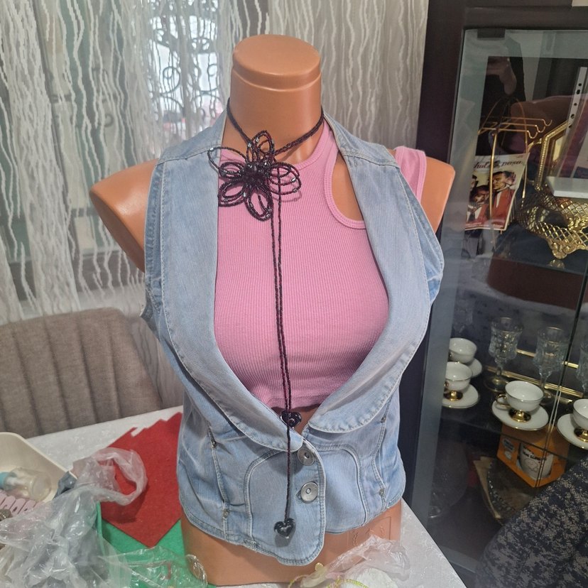 Bordo -Siyah Boncuklu Uzun  Kolye(Beaded Flower Chocker) - Görsel 3