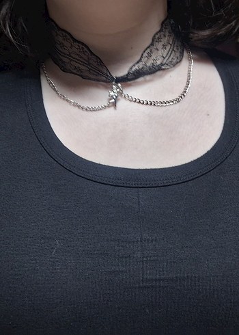 Zincir Detaylı Siyah Dantelli Gotik Midi Kolye - Görsel 2