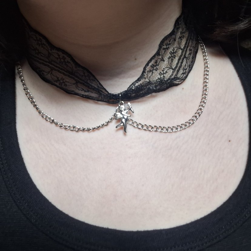 Zincir Detaylı Siyah Dantelli Gotik Midi Kolye - Görsel 3