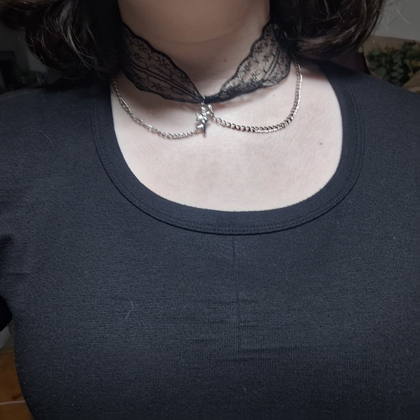 Zincir Detaylı Siyah Dantelli Gotik Midi Kolye - Görsel 2