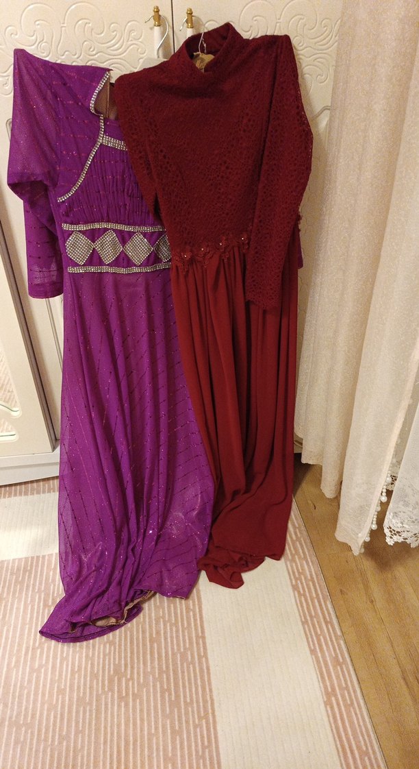 Bordo Drapeli Nakışlı Uzun Kadın Elbise ikisi bufiyat - Görsel 2