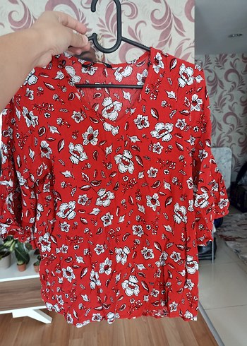 Kırmızı Bohem V Yaka Kısa Kollu Bluz - Görsel 7