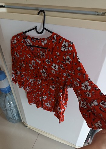 Kırmızı Bohem V Yaka Kısa Kollu Bluz - Görsel 4