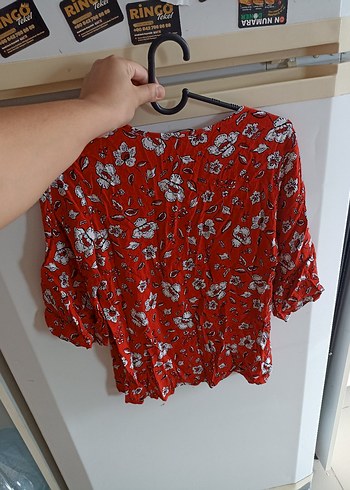 Kırmızı Bohem V Yaka Kısa Kollu Bluz - Görsel 2