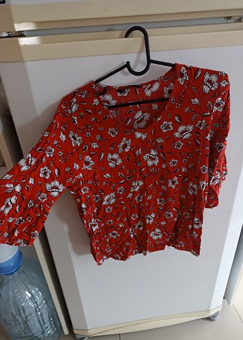 Kırmızı Bohem V Yaka Kısa Kollu Bluz - Görsel 6