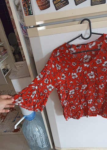 Kırmızı Bohem V Yaka Kısa Kollu Bluz - Görsel 5