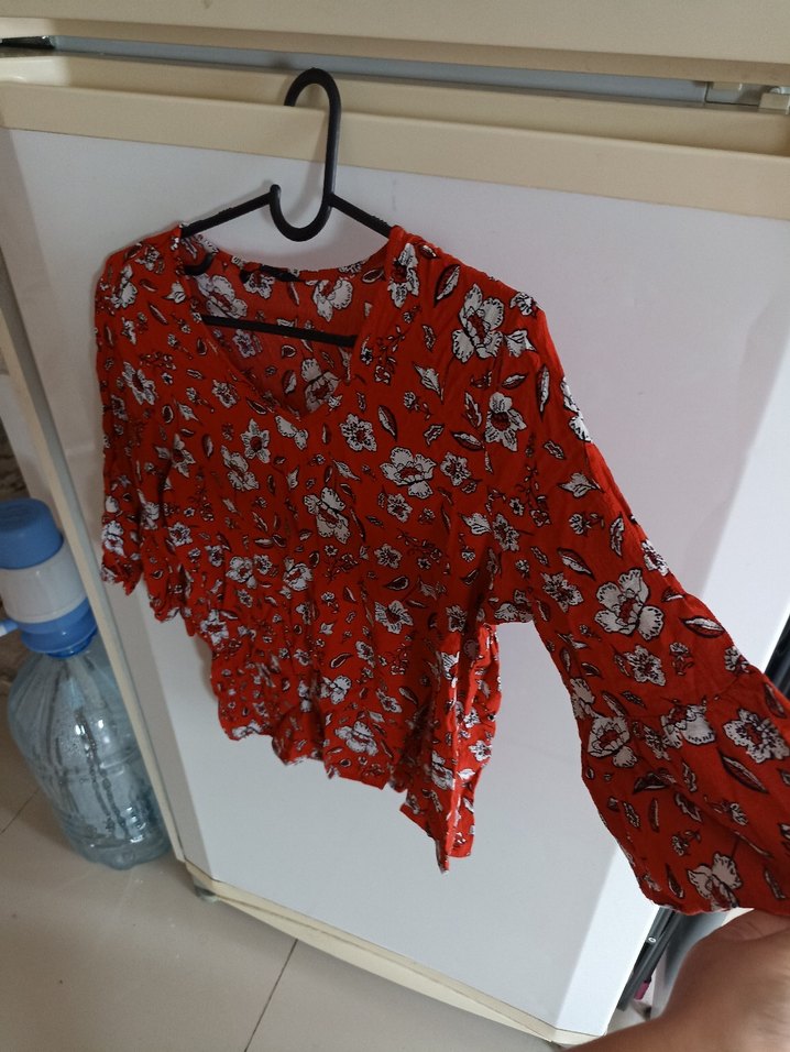 Kırmızı Bohem V Yaka Kısa Kollu Bluz - Görsel 4